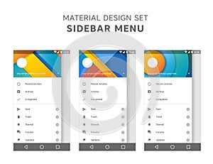 Vector set of material design sidebar menu templates. Mail agent ui elements. User interface design. Android gui. Marshmallow