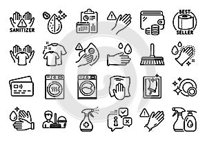 Vector set of Medical cleaning, Dirty mask and Washing hands line icons set. Vector