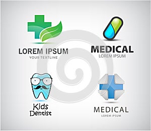 Vector set of medical logos. Pill icon, blue cross, kids dentist, pharmacy