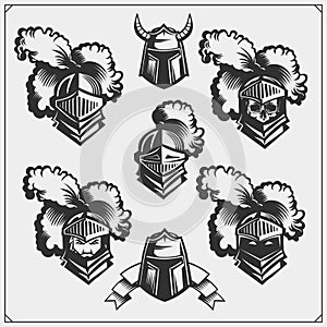 Vector set of medieval warrior knight helmet.