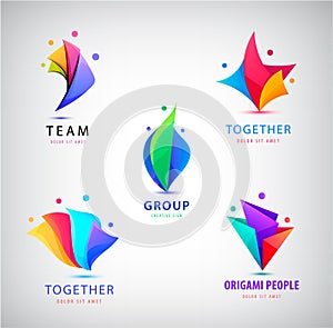 Vector set of men group logo, human, family, teamwork icon. Community, people sign in modern origami style. Colorful.
