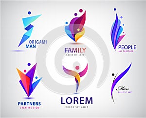 Vector set of men, people group, family logos. Child adoption logo collection and charitable foundations