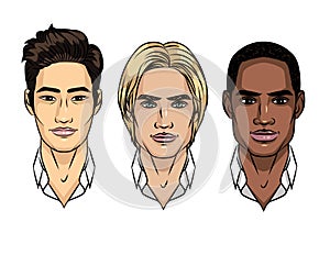 Vector set of men`s faces different nationalities.