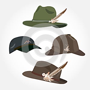 Vector set of men`s hats, deerstalker hat and cap in flat style