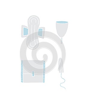 Vector set of menstrual pad tampon and cup