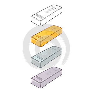 Vector Set of Metal Ingot Illustrations. Gold, Silver and Platinum Bullion on White Background