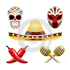 Vector set of mexican symbols such as sombrero, maracas, chili peppers, sugar skull calavera and wrestler mask. photo