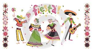 Vector set of mexico fiesta skeleton characters dancing with guitar in  flat hand drawn style isolated on white background.