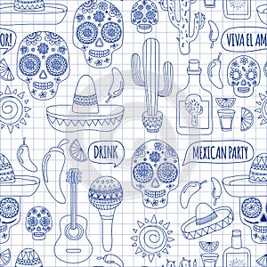 Vector set of Mexicon doodle icons Hello. Love. How are you. Food. Drinks.