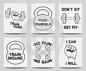 Vector set of modern fitness templates with hands, dumbbells, weight and motivational phrases