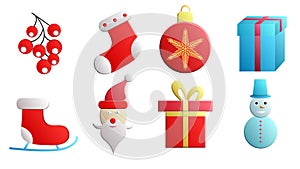 Vector set of modern line colored Christmas icons and symbols, including santa, deer, present, snowman, elf and mistletoe