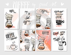 Vector set of modern posters with coffee backgrounds. Trendy hipster templates for flyers, banners, invitations