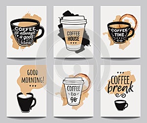 Vector set of modern posters with coffee backgrounds. Trendy hipster templates for flyers, banners, invitations, restaurant