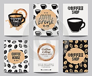 Vector set of modern posters with coffee backgrounds. Trendy hipster templates for flyers, banners, invitations, restaurant