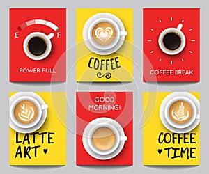 Vector set of modern posters with coffee backgrounds. Trendy templates with realistic cups for flyers, banners, invitations,