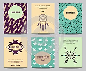 Vector set of modern posters with tribal elements: ethnic ornaments, arrows, dream catcher, feathers