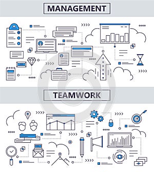 Vector set of modern thin line Management, Teamwork concept banners