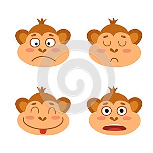 Vector set with monkey emotion faces. Cute little monkeys.