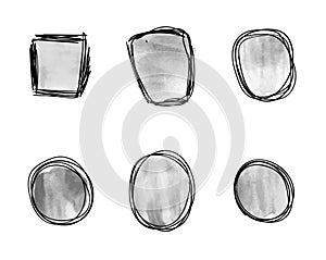 Vector Set of Monochrome Black and White Watercolor Spots, Doodle Gray Frames, Blank Design Element.