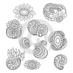 Vector Set of Monochrome Contour Floral Doodles