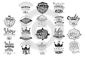 Vector set of monochrome emblems for fashion boutique or handmade clothing shop. Vintage labels. Design for ads