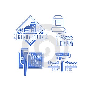 Vector set of monochrome emblems for plumbing and repairing services. Blue logos for home renovation companies