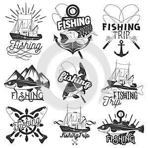 Vector set of monochrome fishing trip emblems. Isolated badges, labels, logos and banners in vintage style with ship