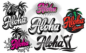 Vector set of monochrome illustrations on aloha with a palm photo
