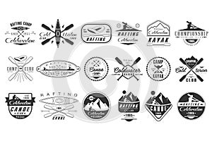 Vector set of monochrome logos for coldwater club. Canoe camp emblems. Extreme water sport. Vintage rafting badges