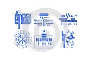 Vector set of monochrome logos for plumbing and home renovation services. Blue emblems for house repair and paint work