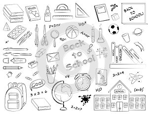 Vector set of monochrome school supplies and stationery