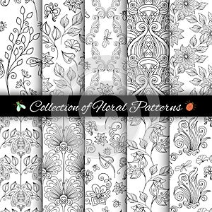 Vector Set of Monochrome Seamless Floral Patterns