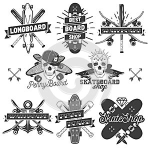 Vector set of monochrome skateboard, longboard, pennyboard labels. Isolated badges, emblems, logos in vintage style