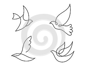 Vector set of monoline, line hand drawn bird logos. Flying dove, pigeon freedom illustrations. Sketches, symbols