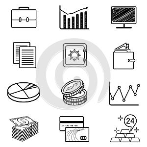 Vector set of monoweight linear icons and symbols on Fintech