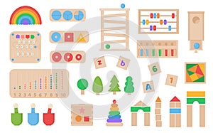 Vector Set of Montessori games. Children wooden eco friendly logic toys for preschool kids. Playthings for baby