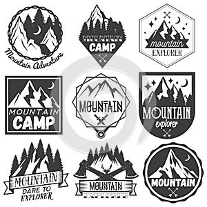 Vector set of mountain camp labels in vintage style.