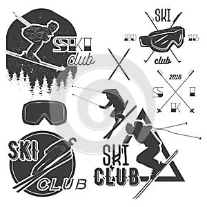 Vector set of mountain skiing labels in vintage style. Alpine ski extreme sport concept.