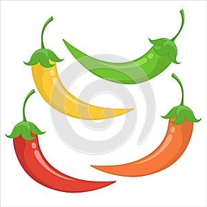 Vector set of multi-colored chili peppers on a white background. Realistic performance.