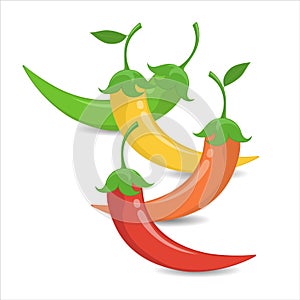 Vector set of multi-colored chili peppers on a white background. Realistic performance.