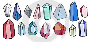 Vector set of multi-colored crystals. a hand-drawn collection of precious stones, bright blue, red, green colors, various shapes