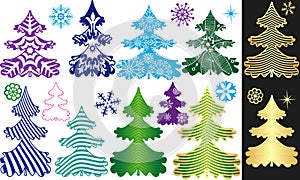 Vector set of multi-colored New Year and Christmas trees with snowflakes and stars