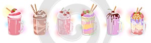 Vector set of multicolor milkshakes with straws in glass cups.