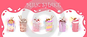 Vector set of multicolor milkshakes with straws in glass cups.