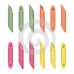 Vector set of multicolored penne rigate pasta isolated on white background.