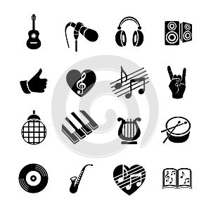 Vector set musical flat web icons. Black and white with long shadow for internet, mobile apps, interface design