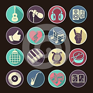 Vector set musical flat web icons. Multicolored with long shadow for internet, mobile apps, interface design