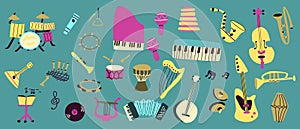 Vector set of musical instruments. Orchestra classical and ethnic instruments