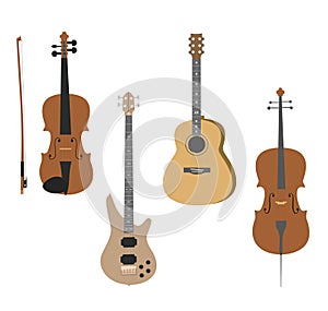 Vector Set of Musical Instruments violin, guitar, bass guitar, cello.