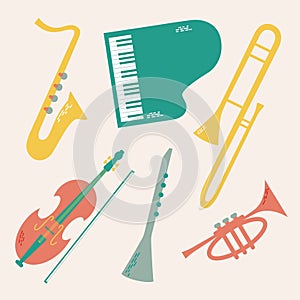 Vector set of musical jazz instruments, big band orchectra - piano, wind trumpet, saxophone, clarinet, trombone.
